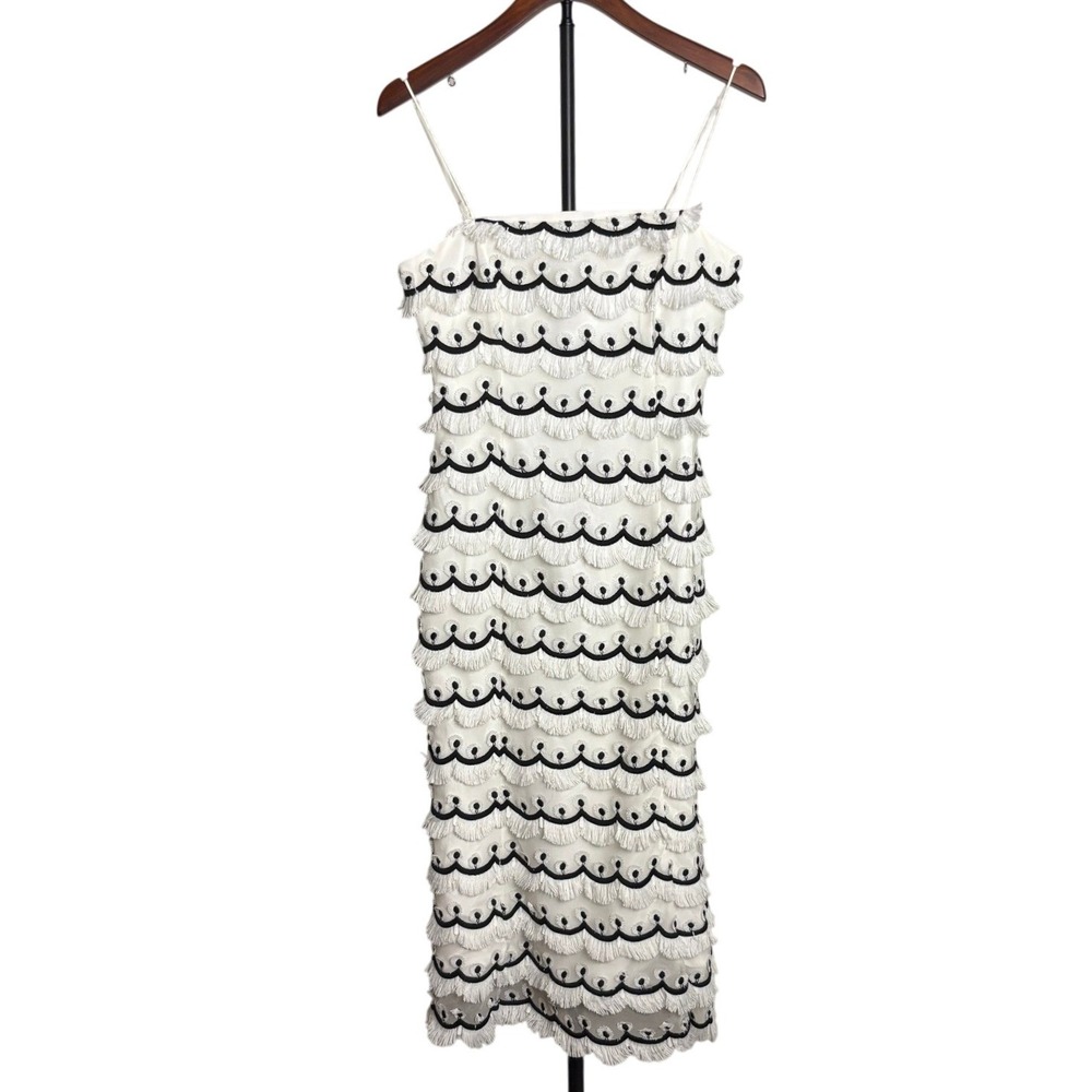 Keepsake The Label White Fringe Midi Dress Black Embroidery Cotton Size S NWT